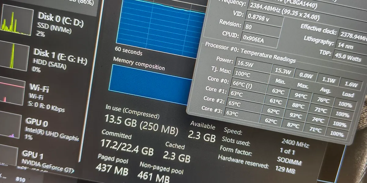 Windows Task Manager showing CPU and GPU temperatures after PTM7950 thermal repaste — temperatures noticeably lower than before